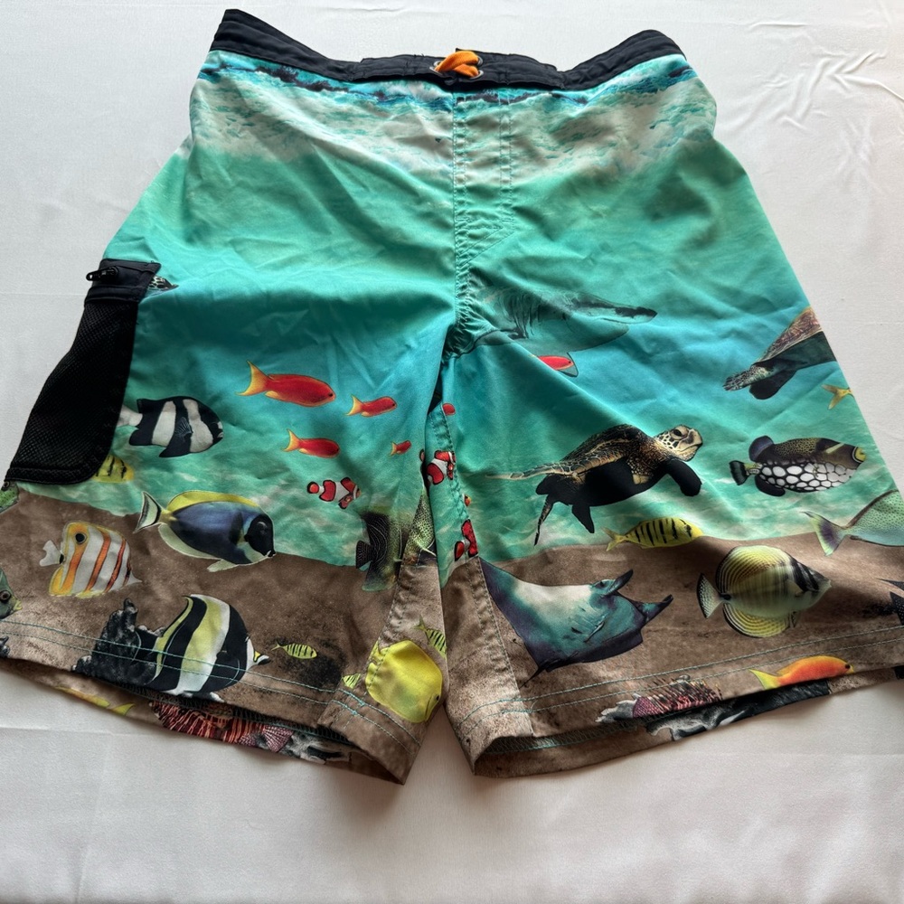 Wonder Nation, Blue & Green Swim Trunks Ocean-Themed Design, Boy’s (Sz L 10-12)